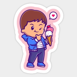 Cute Boy Holding Ice Cream Cartoon Sticker